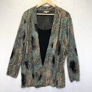 Womens 2X Slinky Peacock Print Cardigan Black Gold Blue Open Front Evening